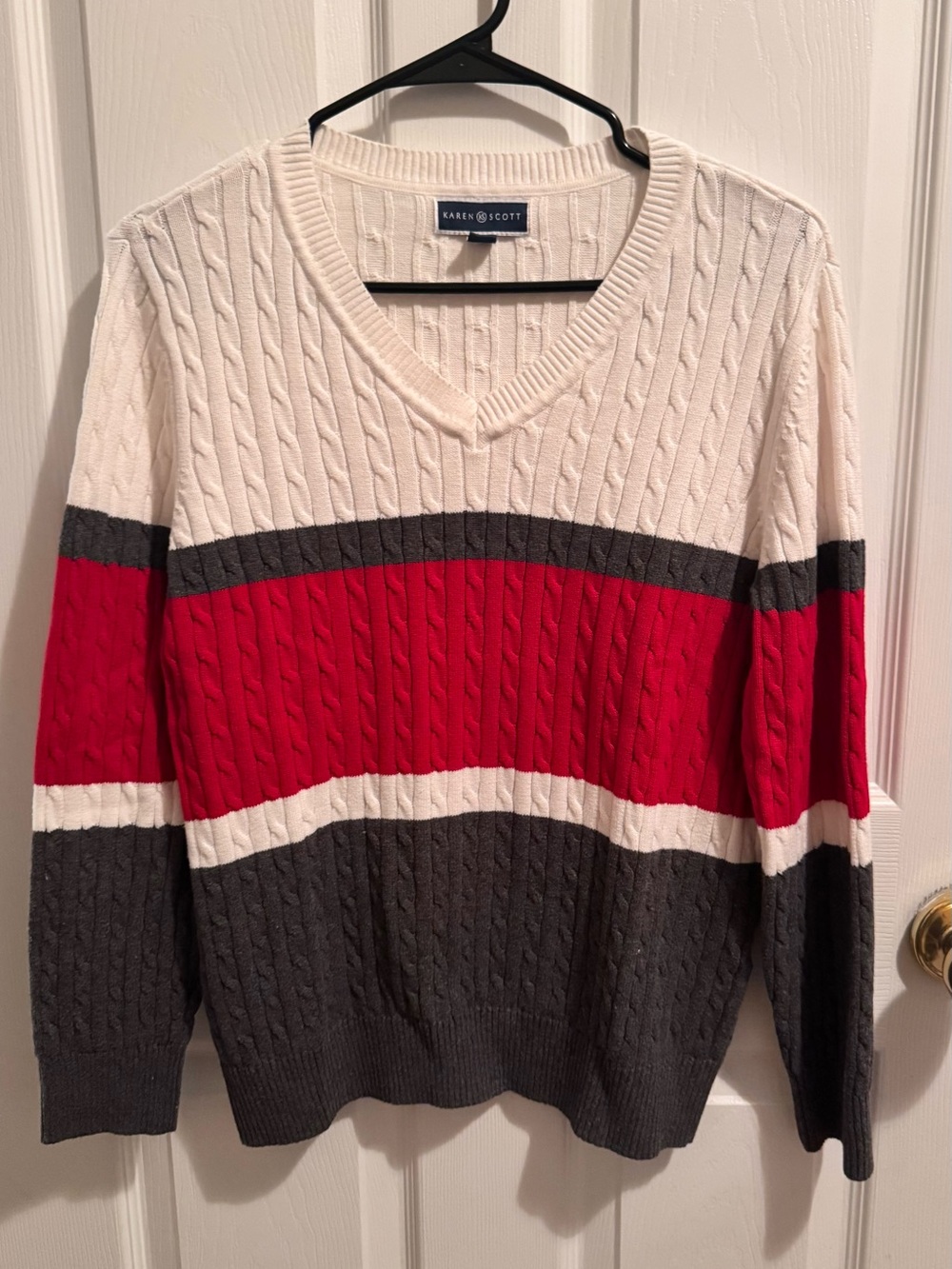 Karen Scott Women’s V-Neck Cable Knit Sweater in Red, White, Gray